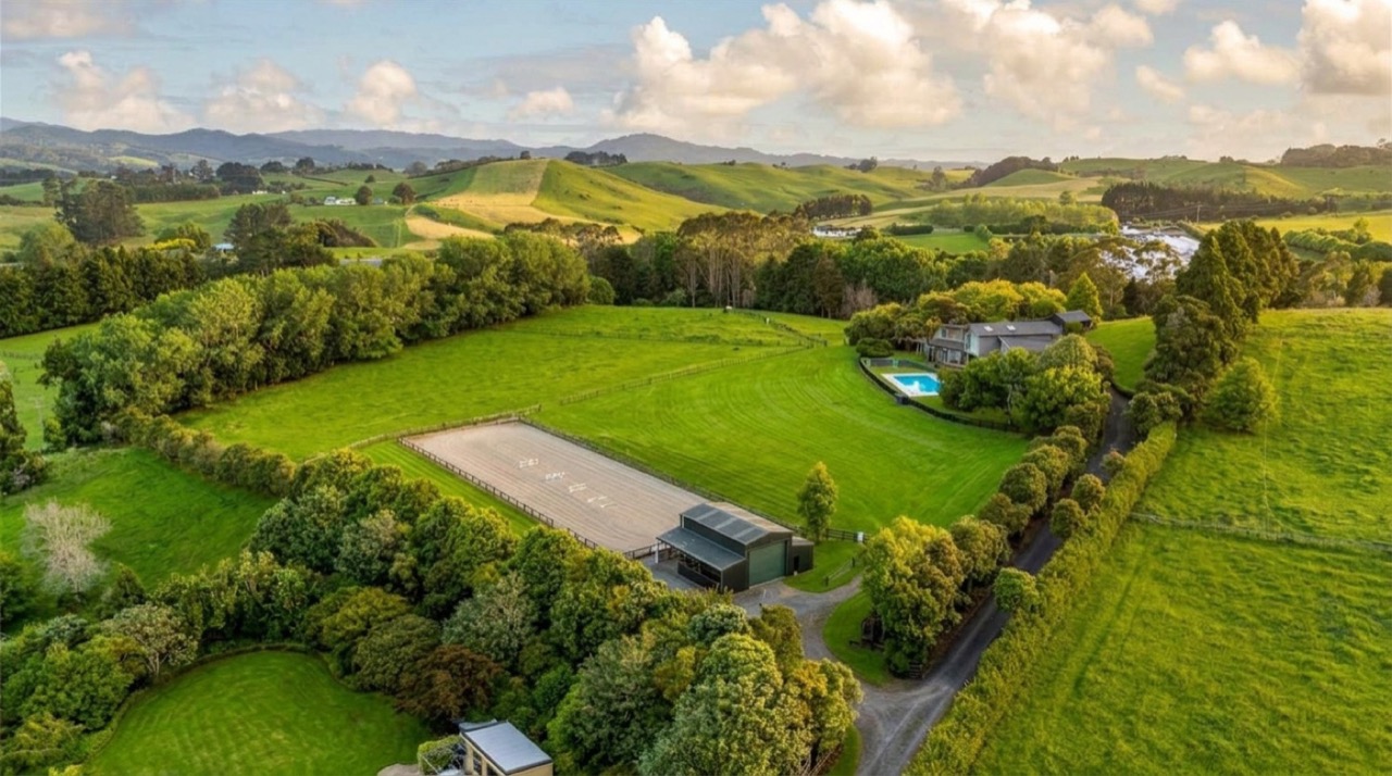 Aerial drone view of the 7.7-acre Ararimu Sanctuary estate nestled in the Hunua hills