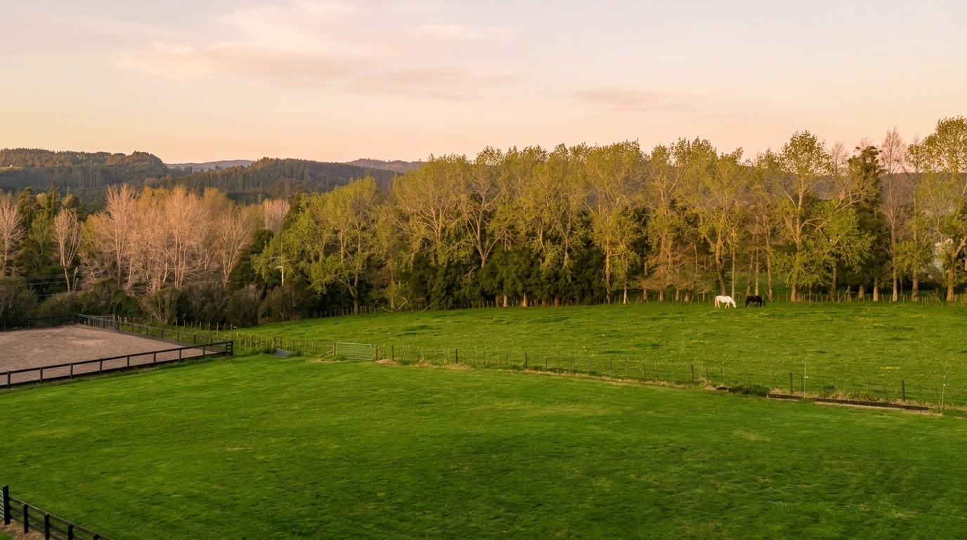 Lush green lawn overlooking the sand arena, pastures, and horses grazing along the tree line