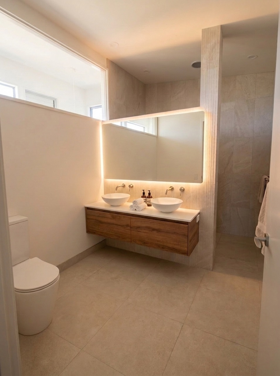 Newly upgraded master en-suite bathroom with floating walnut double vanity, twin vessel basins, backlit mirror, fluted stone tiles, and bidet