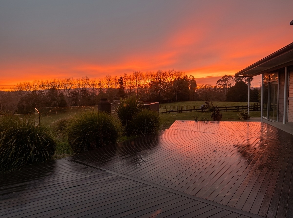 Fiery crimson-orange sunrise reflecting off the expansive timber deck overlooking the paddocks