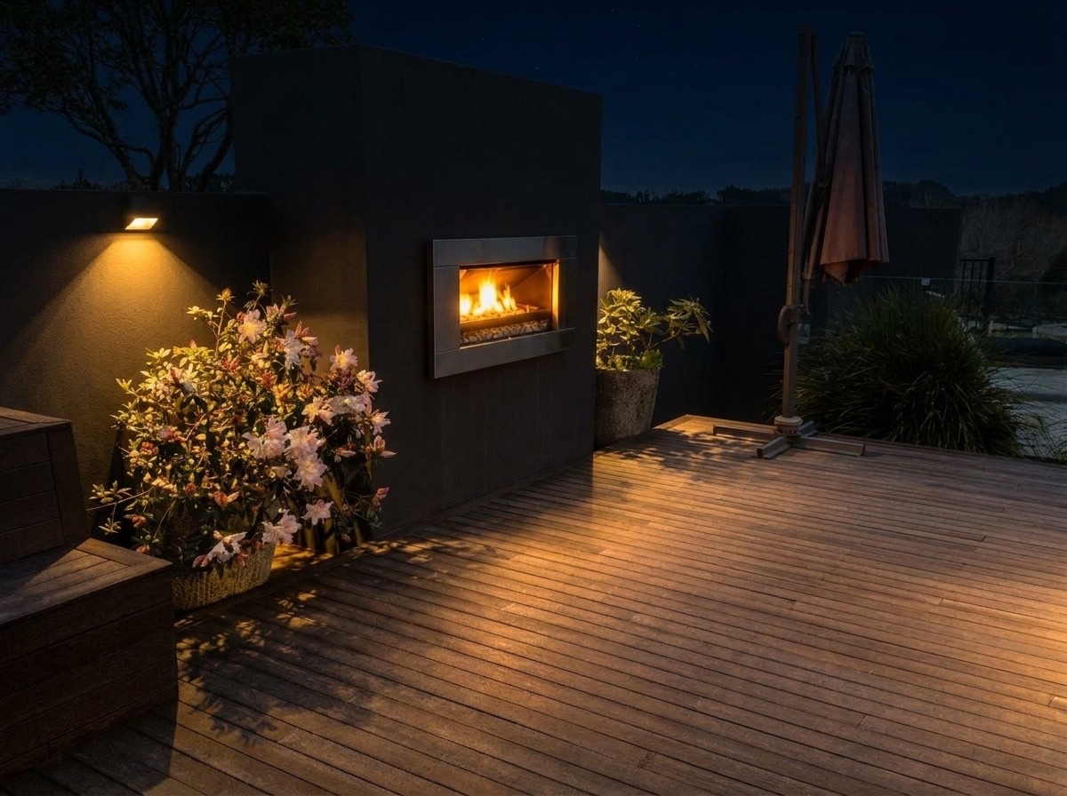 Timber deck at night with a warm fire glowing in the built-in outdoor fireplace and architectural wall lighting
