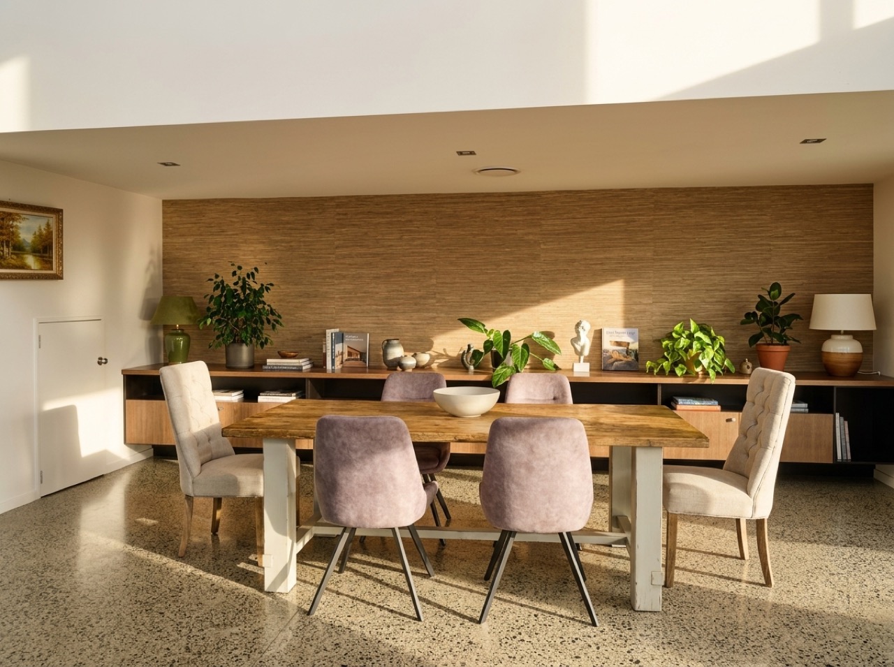 Sunlit dining room with solid timber dining table, upholstered chairs, polished concrete terrazzo floor, and custom built-in credenza against a textured grasscloth wall