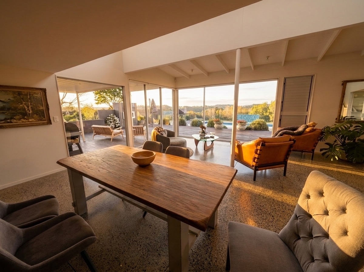Solid timber dining table, tufted chairs, leather armchairs, and sliders open to the deck in natural daylight