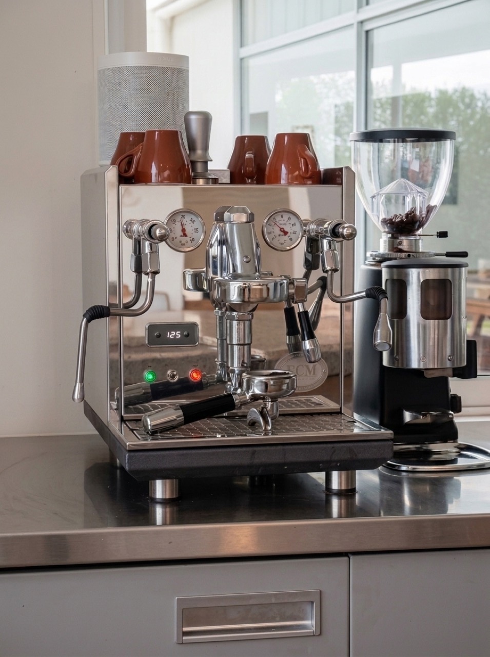 Close-up of the ECM stainless-steel espresso machine, dedicated coffee grinder, and Sonos speaker on the kitchen counter