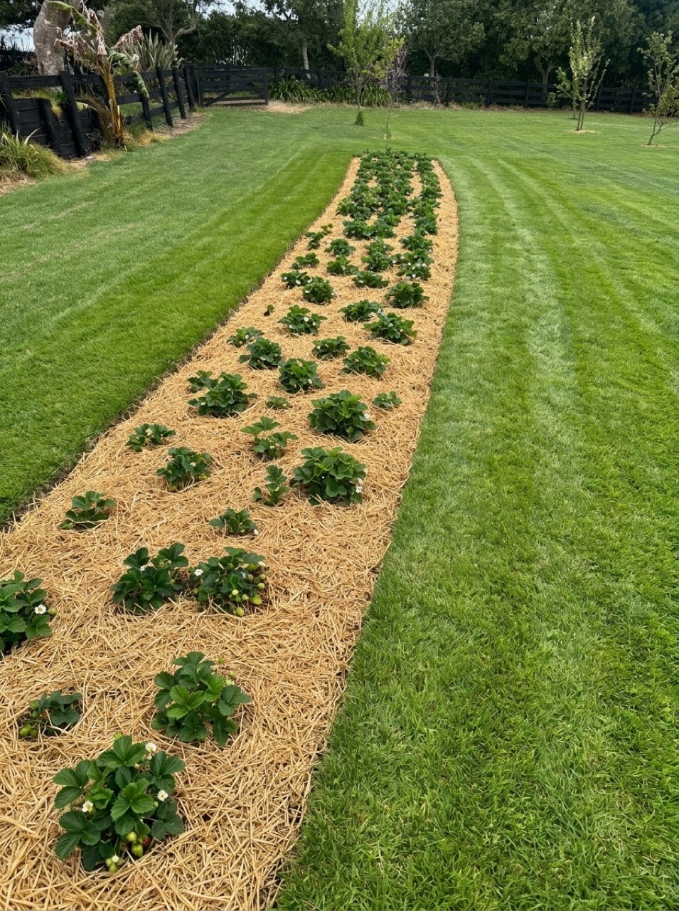Neatly edged golden pea-straw mulched strawberry garden bed bordered by freshly mowed green lawn and young orchard fruit trees