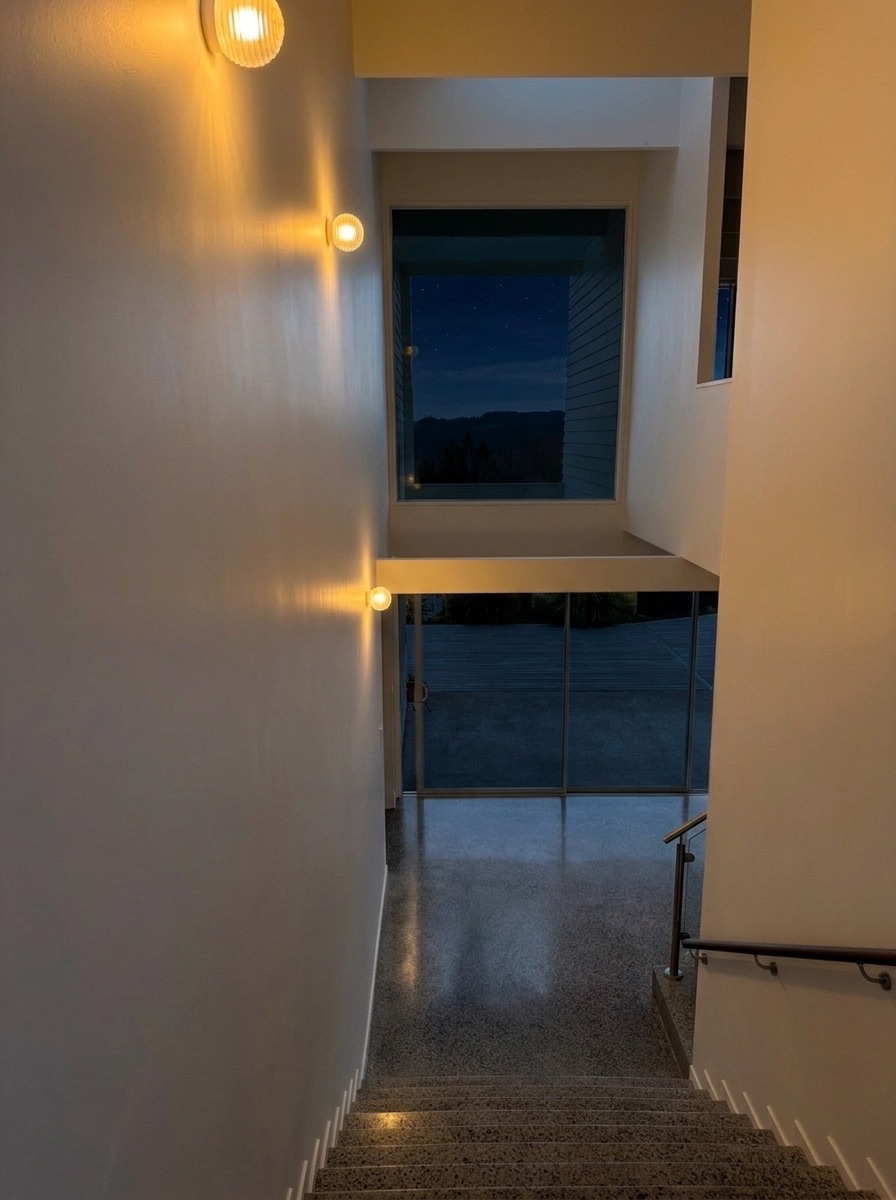 Double-height gallery foyer and polished terrazzo staircase illuminated by warm ribbed-glass wall sconces at night