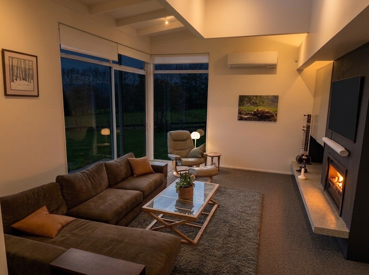 Evening second living room with lit indoor fireplace, Samsung 65-inch S95D QD-OLED 4K TV, Sonos Arc soundbar, Sonos Era 300 rear speakers, modular sofa, and leather recliner