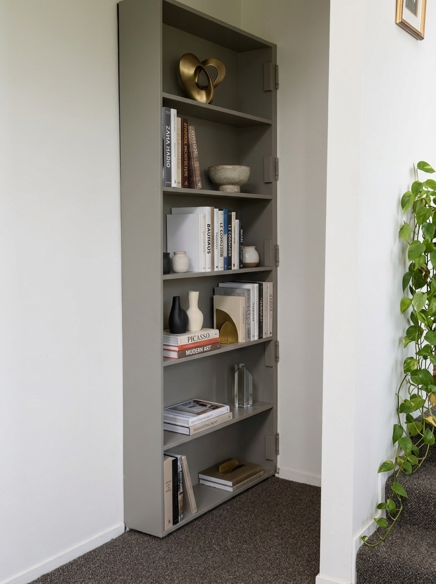 Built-in floor-to-ceiling bookcase in the upper hallway styled with curated hardcovers and ceramics