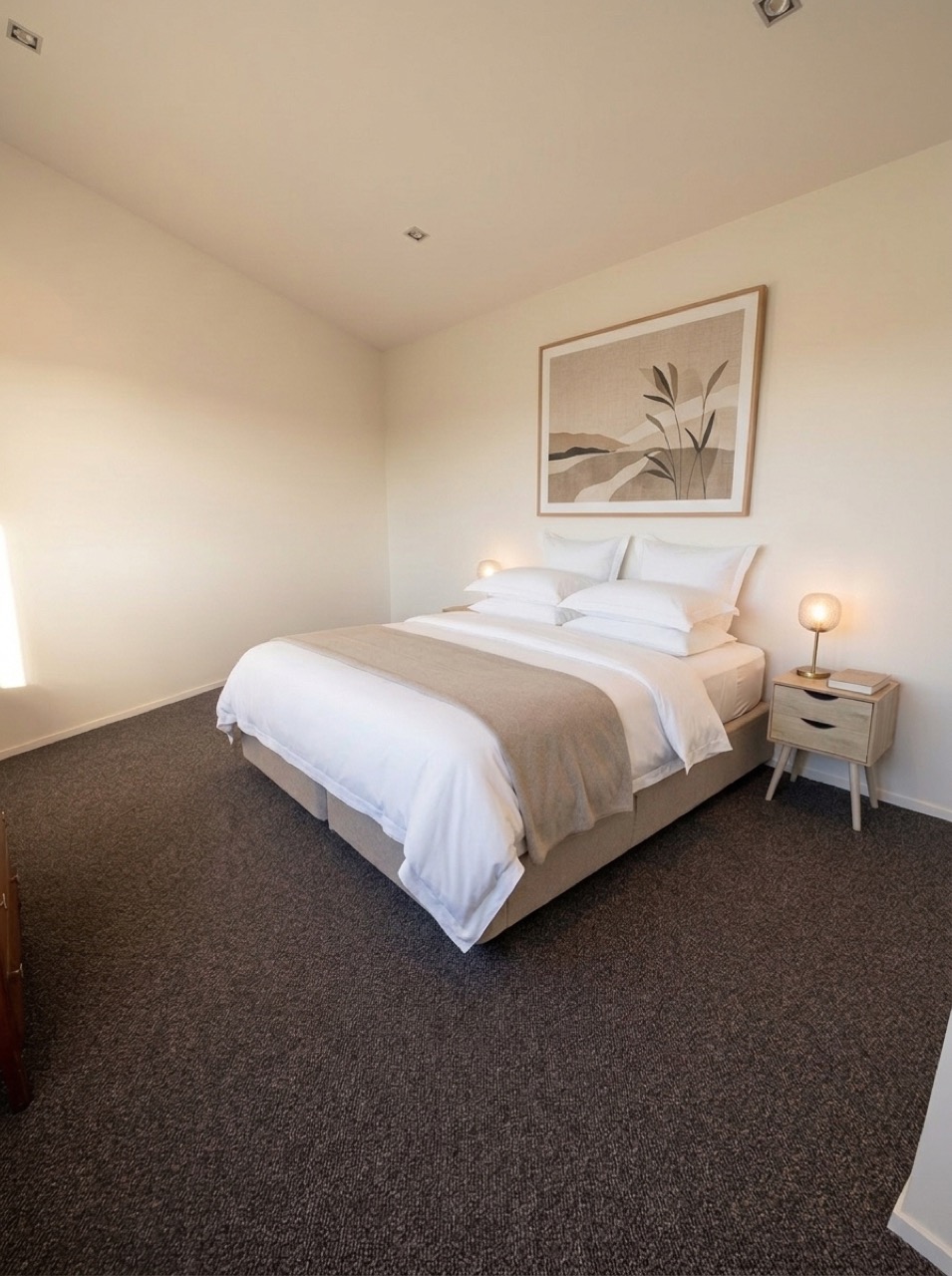 Private guest suite bedroom with pitched white ceiling, new dark charcoal-brown carpet, timber bedside table, and crisp white hotel linen