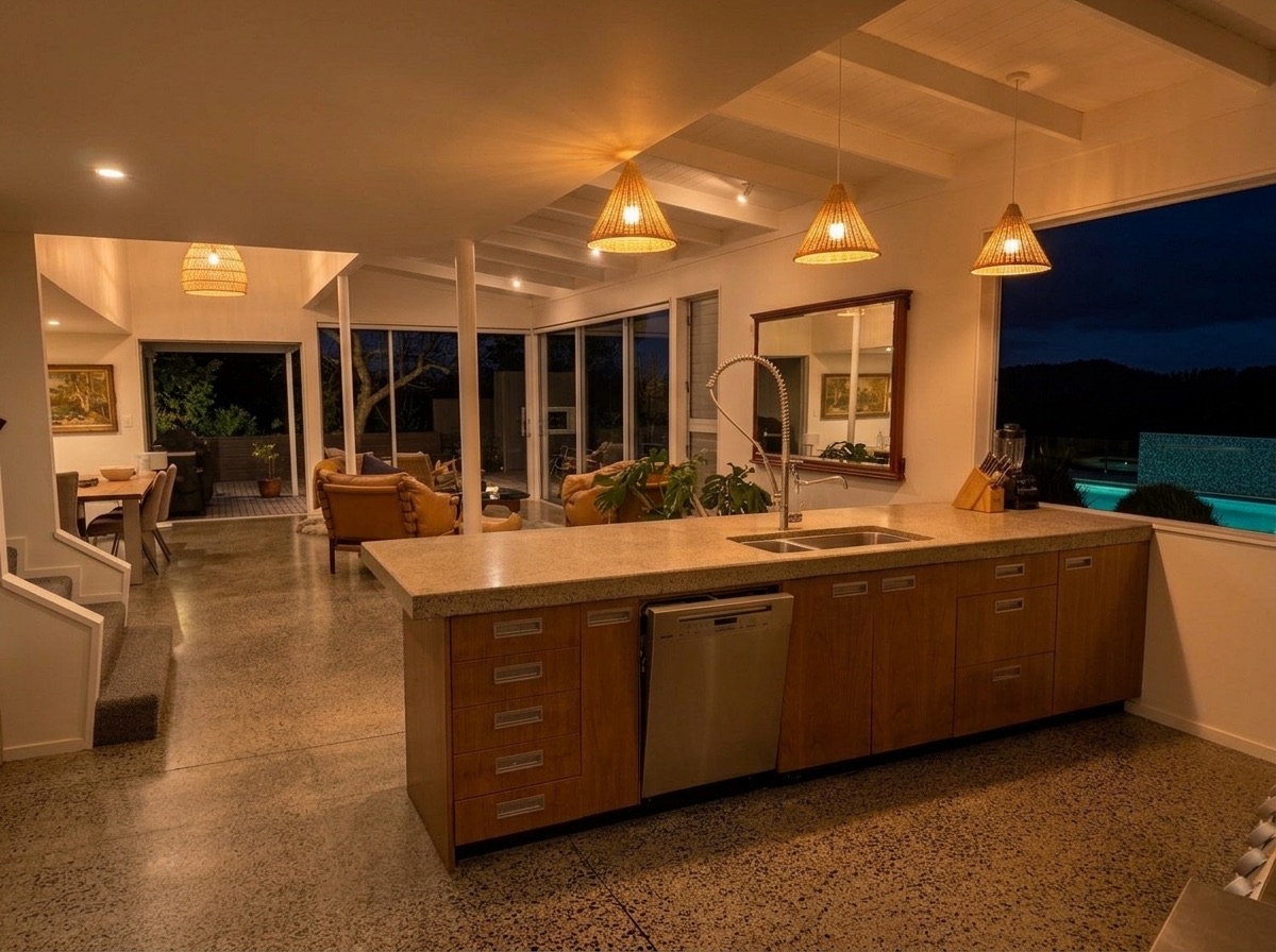 Chef's kitchen with concrete terrazzo island, woven rattan pendant lights, and pool outlook