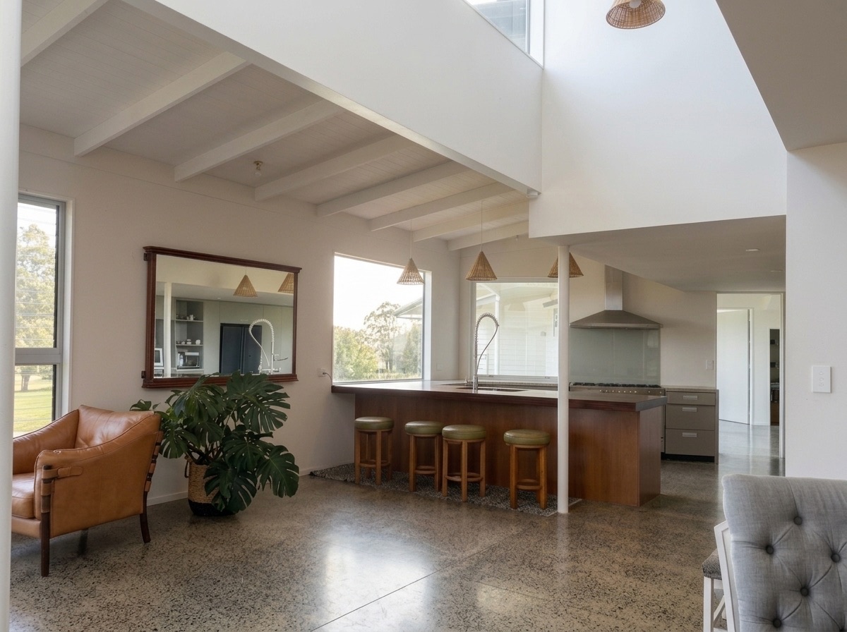 Double-height kitchen pavilion in natural daylight with island barstools and tan leather armchairs