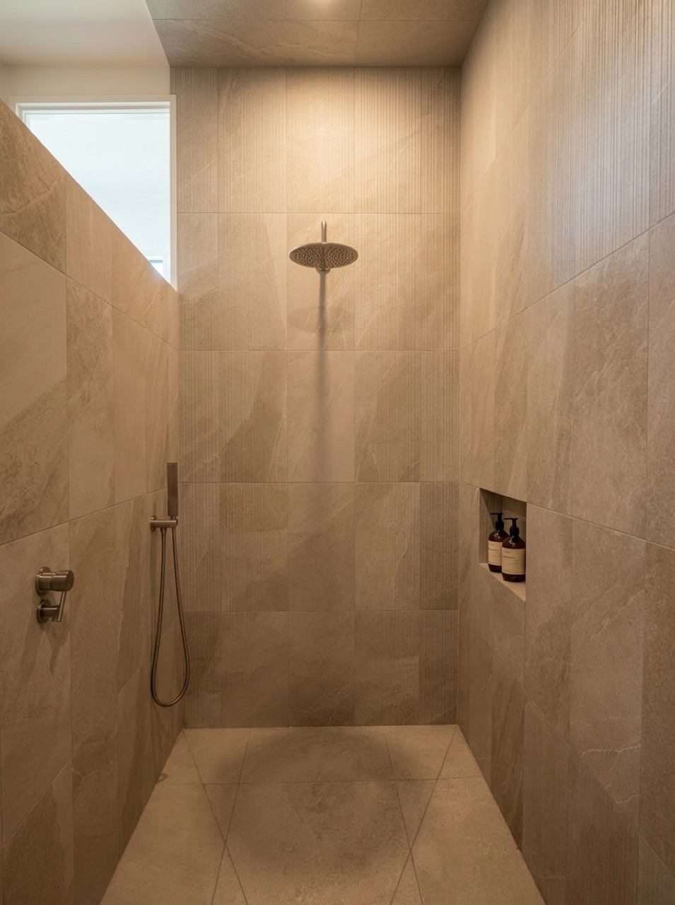 Walk-in rain shower in the newly upgraded master bathroom with fluted stone feature tiles and brushed nickel rain and hand shower