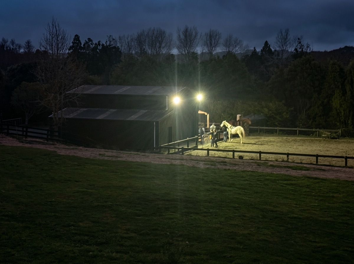 Horses under the floodlights of the all-weather sand arena and barn at night