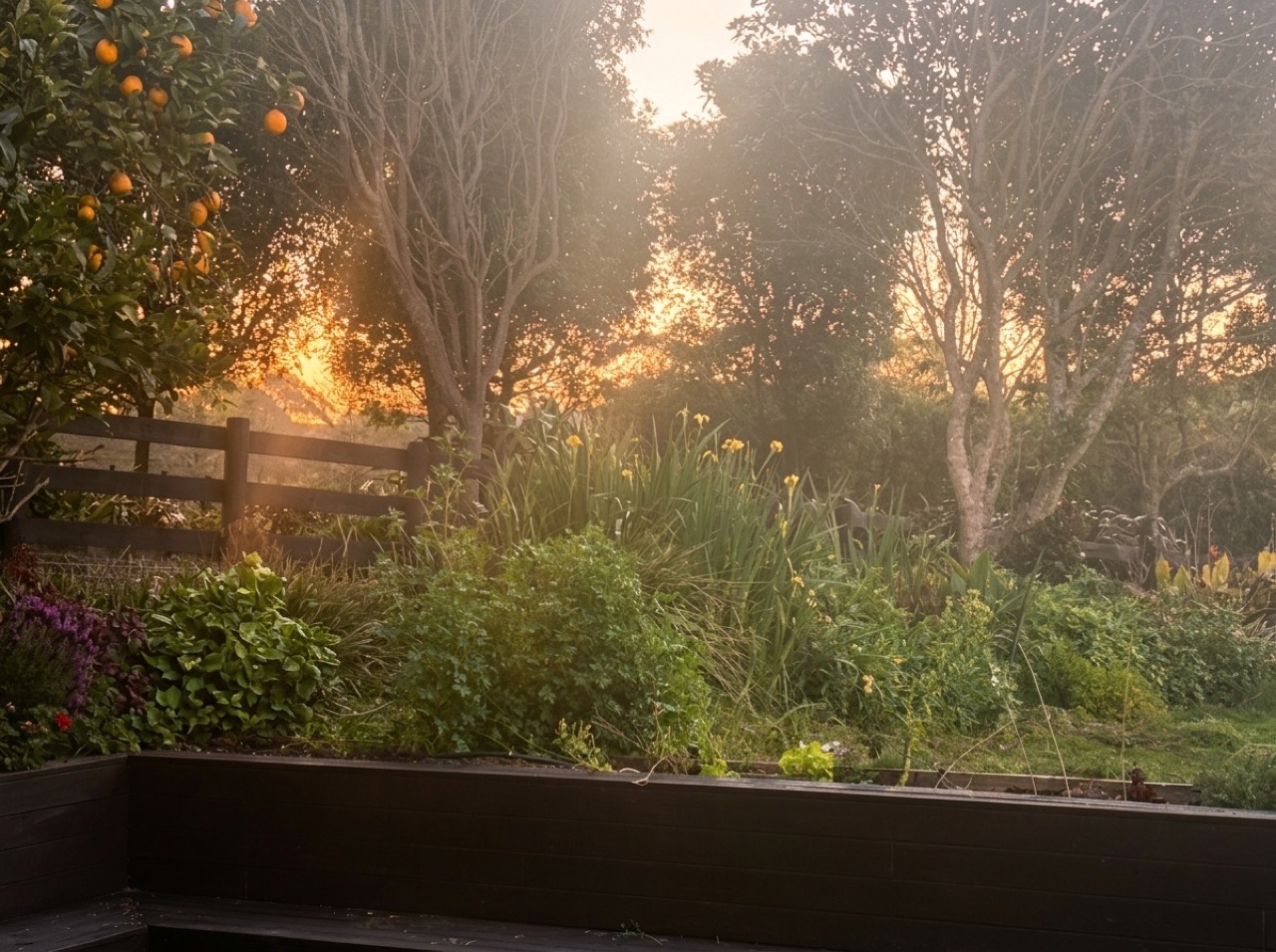 Fruiting citrus tree and golden morning sun in the home orchard with grapefruit, passionfruit, grapes, strawberries, blueberries, raspberries, and gooseberries