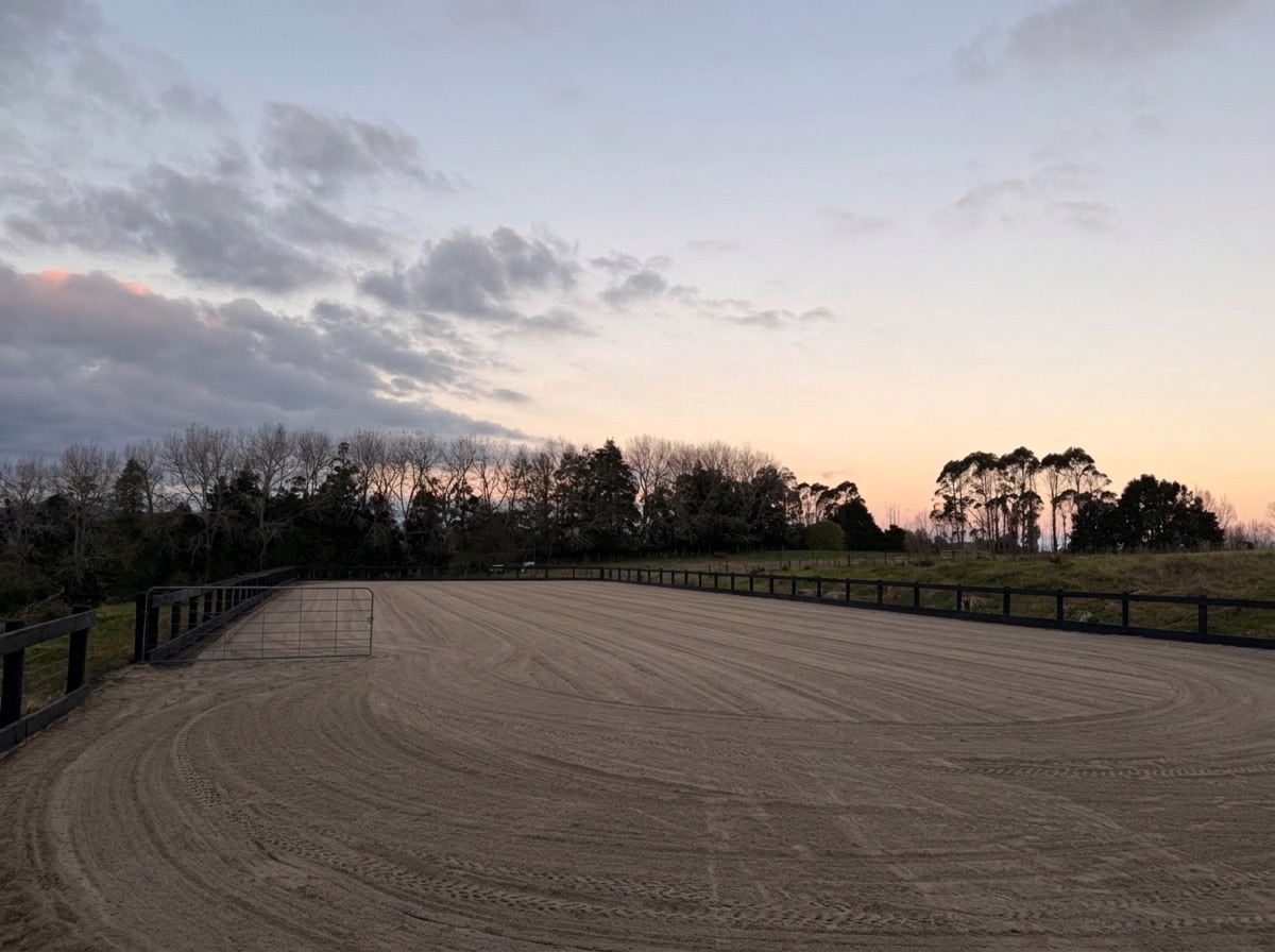 Post-and-rail all-weather sand arena at dusk