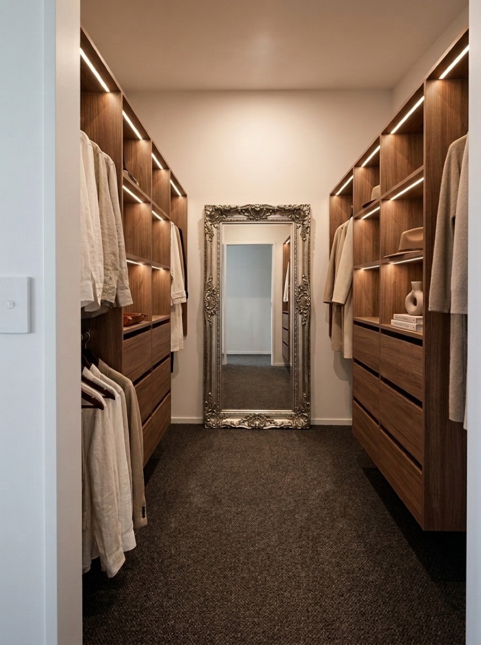 First large custom walk-in wardrobe in the master suite with floor-to-ceiling walnut shelving, drawers, hanging rails, full-length mirror, and new dark carpet
