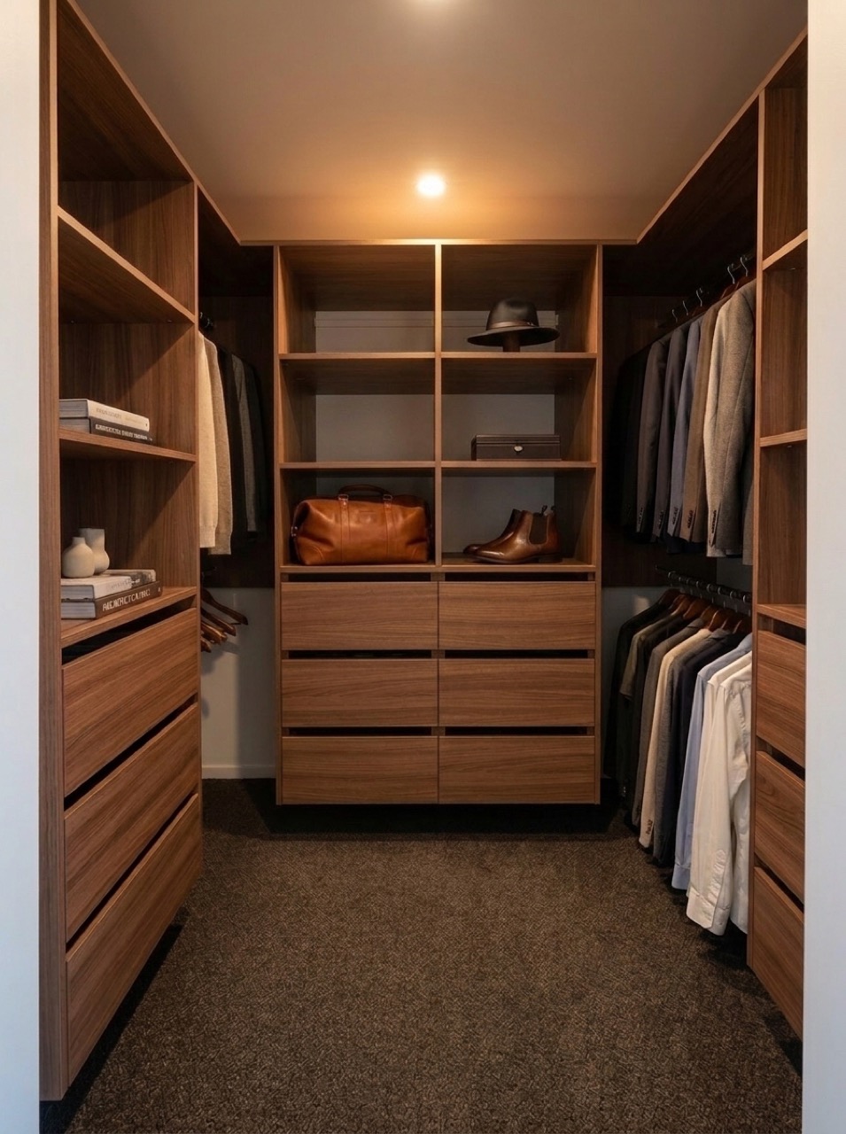Second large custom walk-in wardrobe in the master suite with U-shaped floor-to-ceiling walnut joinery and new dark carpet